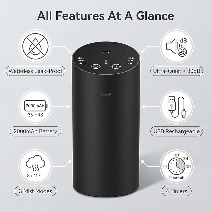 Car Diffuser, Waterless Essential Oil Diffuser with 2000mAh Battery & Timer, Adjustable Mist Cordless Aromatherapy for Car, Portable Air Freshener with Premium Aluminum Alloy & Type-C Charging (Black) - Bloomnest