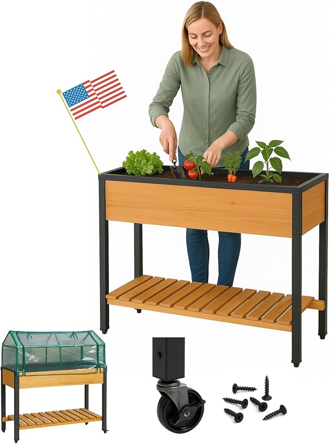 GOJ Raised Garden Bed Wood 48x24x32 inch with Greenhouse & Lockable Wheels - Elevated Wood Planter Box for Outdoors Vegetable Flower Bed Herb Planter - 400 lbs Capacity - Bloomnest