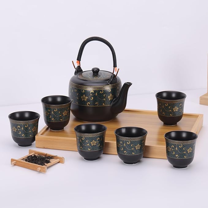 Handmade Japanese Ceramic Tea Set-Traditional Asian Design with Modern Convenience,Includes 1 Teapot,6 Cups,Tea Tray and Stainless Infuser, Perfect for Tea Enthusiasts and Collectors (Design2) - Bloomnest