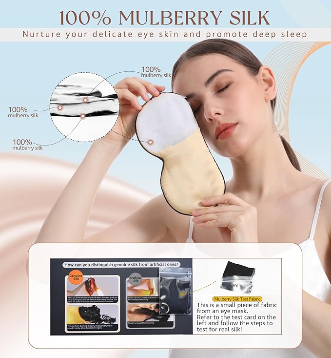 HiRui Silk Sleep Mask, 100% Natural Mulberry Silk of Double-Sided & Inner-Filling, Ultra-Smooth Soft, Adjustable Strap, Blocks Light for Night Sleeping, Travel, Office Naps (Champagne) - Bloomnest