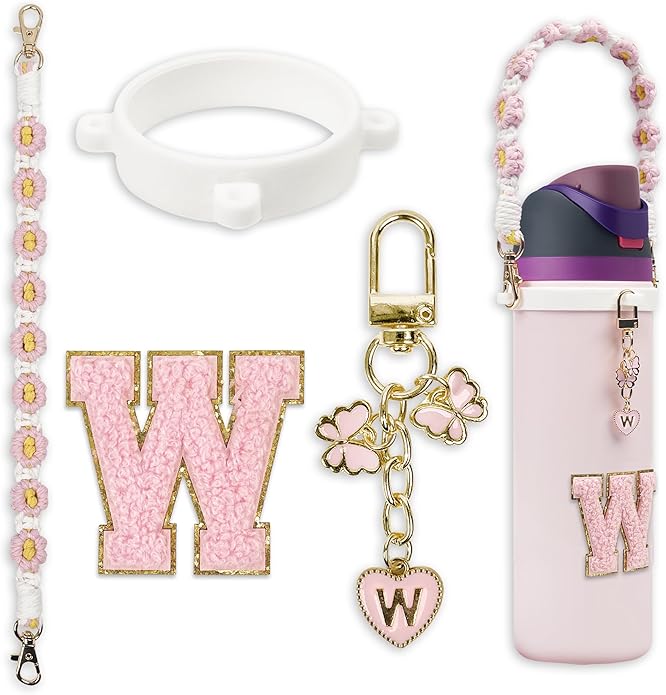 Compatible with Owala Water Bottle Accessories, Cute Letter Charm Set with Boho Handle Strap, Monogram Sticker, Silicone Ring, Keychain Decoration, for FreeSip 24 32 40oz, Owala Kids, Tumbler Gift SITKOL