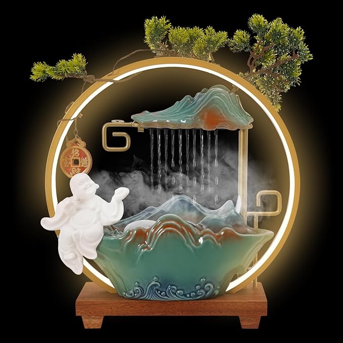 Tabletop Water Fountains, Indoor Water Fall with LED Light Zen Decor for Meditation with Mist, Japanese Decor with Fake Plants Feng Shui Decor for Good Luck Wealth - Bloomnest