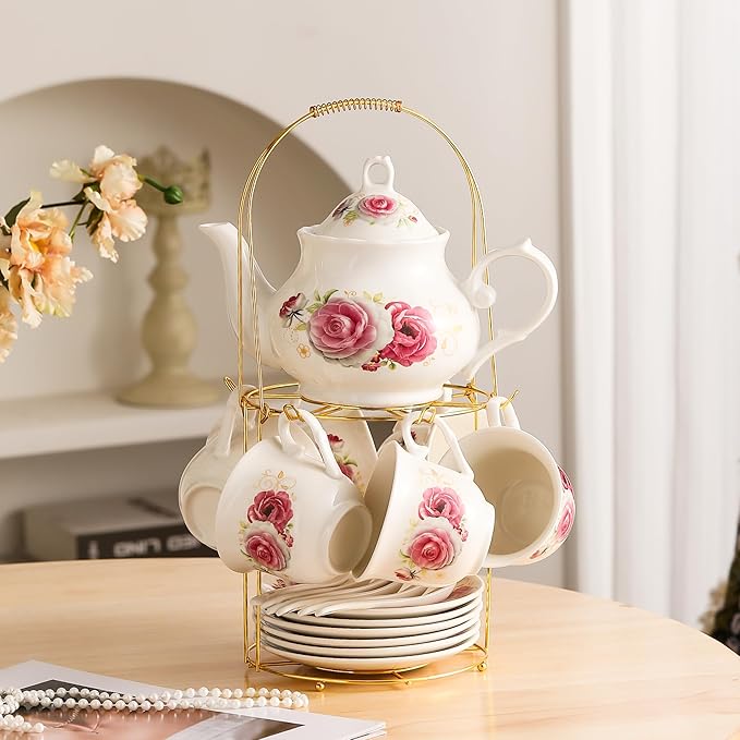 20-Pieces Porcelain Tea Sets For Women, Tea Set For Adult with Golden Metal Rack,Tea Gift Sets for Home&Party(014) - Bloomnest
