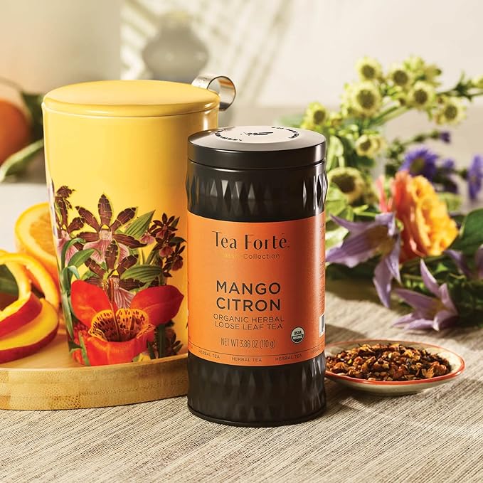 Tea Forte Mango Citron Premium Organic Loose Leaf Caffeine-Free Herbal Tea Blend Canister, Makes 35-50 Cups - Bloomnest