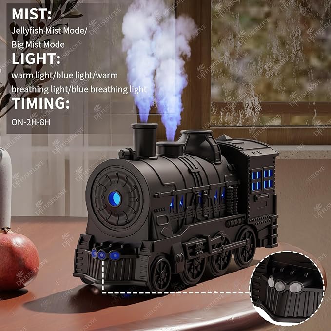 Diffuserlove Train Diffuser 300ML Essential Oil Diffuser Cool Mist Humidifier Aroma Diffuser with Night Light for Bedroom Desk Black - Bloomnest