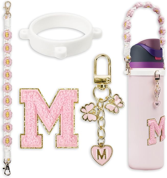 Compatible with Owala Water Bottle Accessories, Cute Letter Charm Set with Boho Handle Strap, Monogram Sticker, Silicone Ring, Keychain Decoration, for FreeSip 24 32 40oz, Owala Kids, Tumbler Gift SITKOL