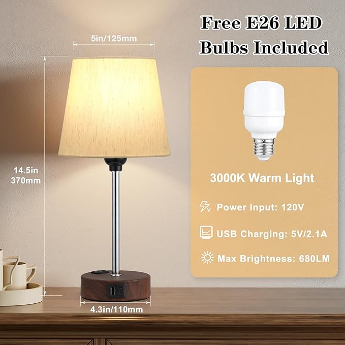 Acaxin Reddish Brown Bedside Lamps Set of 2 - Nightstand Bedroom Lamp with USB C Port and AC Outlet Charging, 3 Way Dimmable Touch Control Small Bed Side Table Lamp, Nightstand Light - Bloomnest