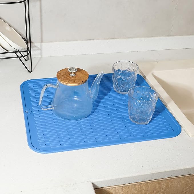 Silicone Dish Drying Mat for Multiple Usage,Easy clean,Eco-friendly,Heat-resistant Silicone Mat for Kitchen Counter or Sink,Refrigerator or Drawer Liner Lichen BlueL 2XL 24 inches x 18 inches - Bloomnest