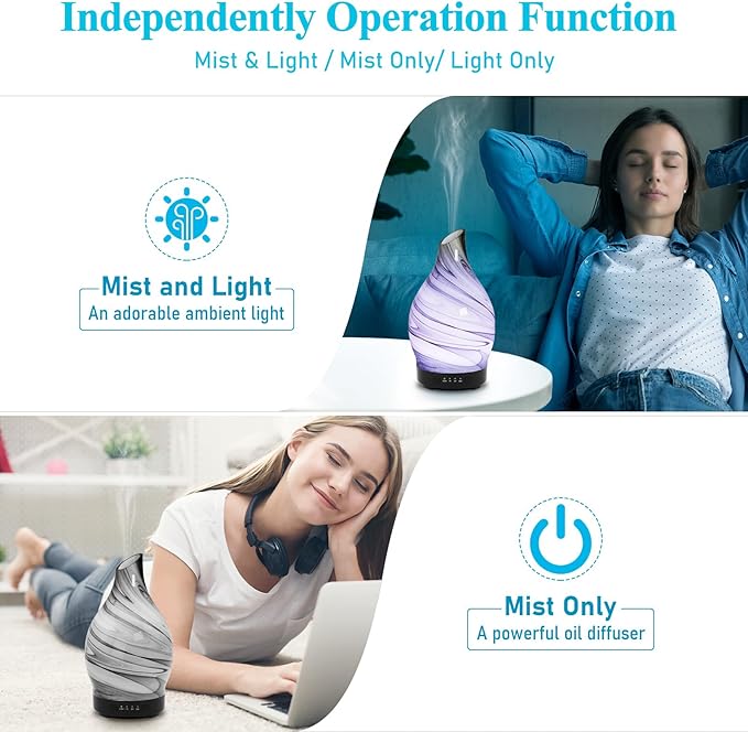 Essential Oil Diffuser 150ML, Glass Aromatherapy Diffuser with 4 Timer Settings & 7 Color Changing Lights, Waterless Auto Shut-Off, Ultra Quiet Oil Diffuser for Home, Office, Yoga, Spa and Sleeping - Bloomnest