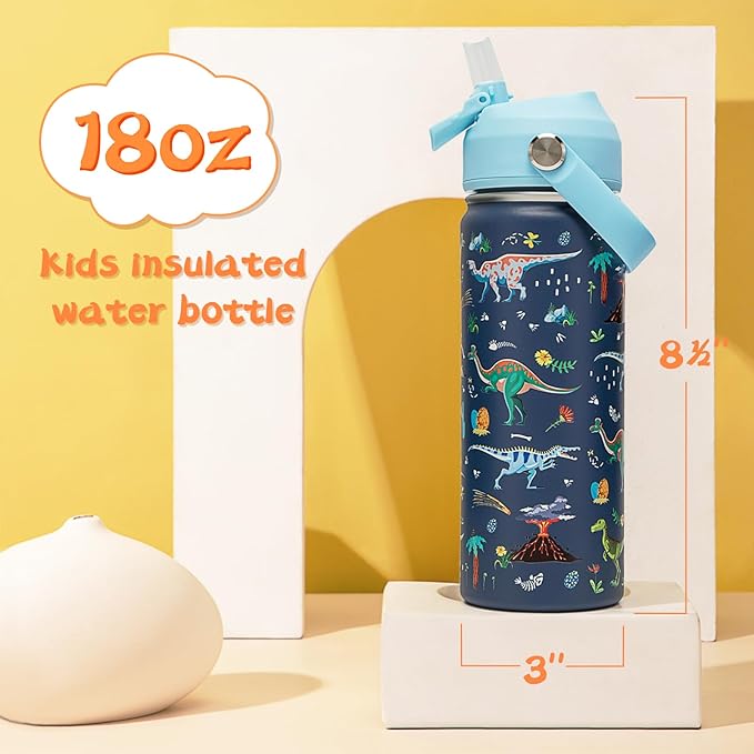 18oz Kids Insulated Water Bottle with Straw Lid - 18/8 Stainless Steel Kid Cup Travel Tumbler Double Wall Vacuum Leak Proof Portable Toddler Water Bottle (Game + Dinosaur) - Bloomnest