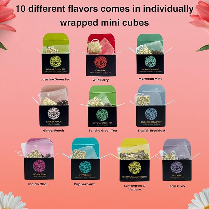 Ceremonie Tea Herbal Variety Pack - Kosher Set with Reusable Wooden Tray - Assorted Sampler With 10 Individually Wrapped Silky Mesh Bags - Single Serve Pouches - Bloomnest