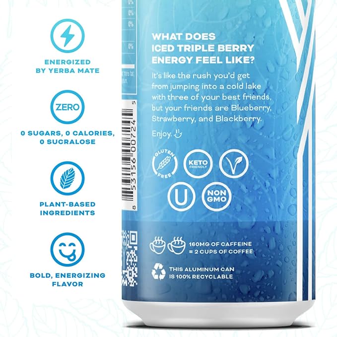 Yerbaé Energy Beverage - Iced Triple Berry, 0 Sugar, 0 Calories, 0 Carbs, Energized by Yerba Mate. Yerbae is a Plant-Based, Healthy Alternative to Sugary Energy Drinks, 16oz cans (12 Pack) - Bloomnest