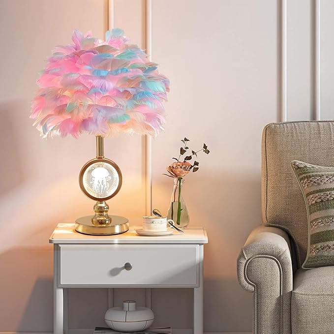 Colorful Feather Lamp Modern Crystal Table Lamp Fluffy Bedside Lamp Romantic Nightstand Light Cute Princess Desk Lamp for Teen Girl Wedding Deco Bedroom Living Room Entryway - Bloomnest