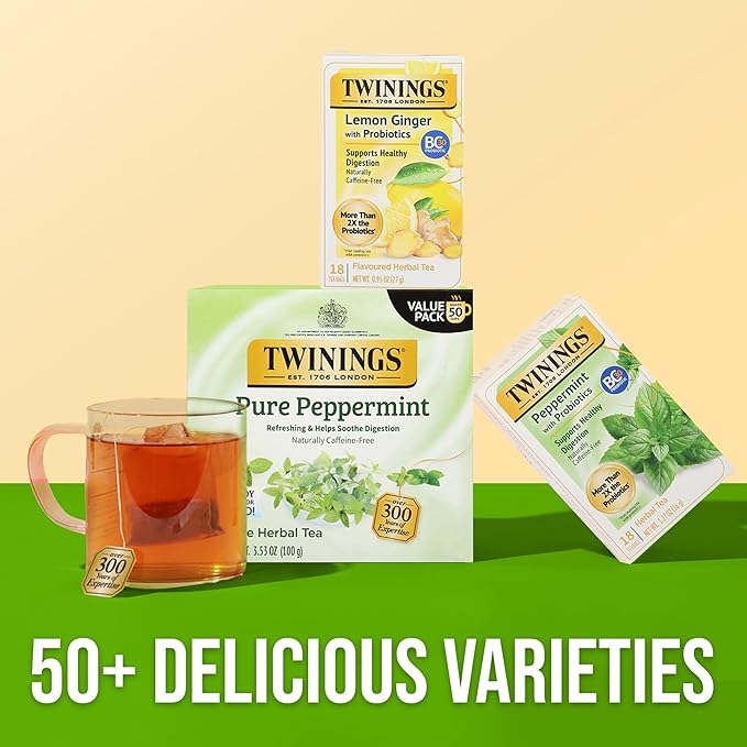 Twinings Superblends Probiotics+ Peppermint & Fennel Herbal Tea, 250 Million CFUs per Cup, 18 Tea Bags (Pack of 2), Naturally Caffeine-Free, Enjoy Hot or Iced - Bloomnest