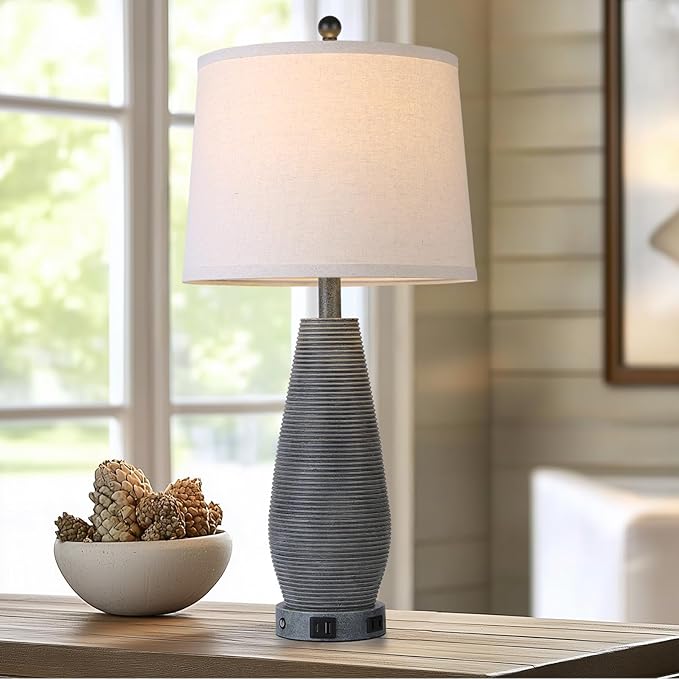 Farmhouse Table Lamps Set of 2 with USB C+A Ports and AC Outlet, 3 Way Touch Rustic Bedside Lamps for Living Room, 26.5" Grey Vintage Lamps for Bedroom Nightstand - Bloomnest