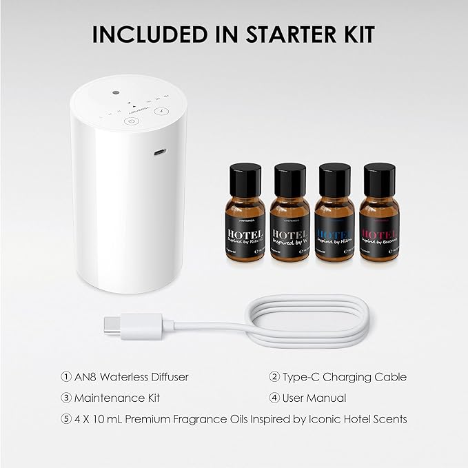 Airversa Waterless Essential Oil Diffuser Starter Kit with 4 x 10mL Hotel Scent Fragrance Oil, Battery Operated Mini Scent Air Machine Portable Diffuser for Home Car Office, AN8 Kit White - Bloomnest