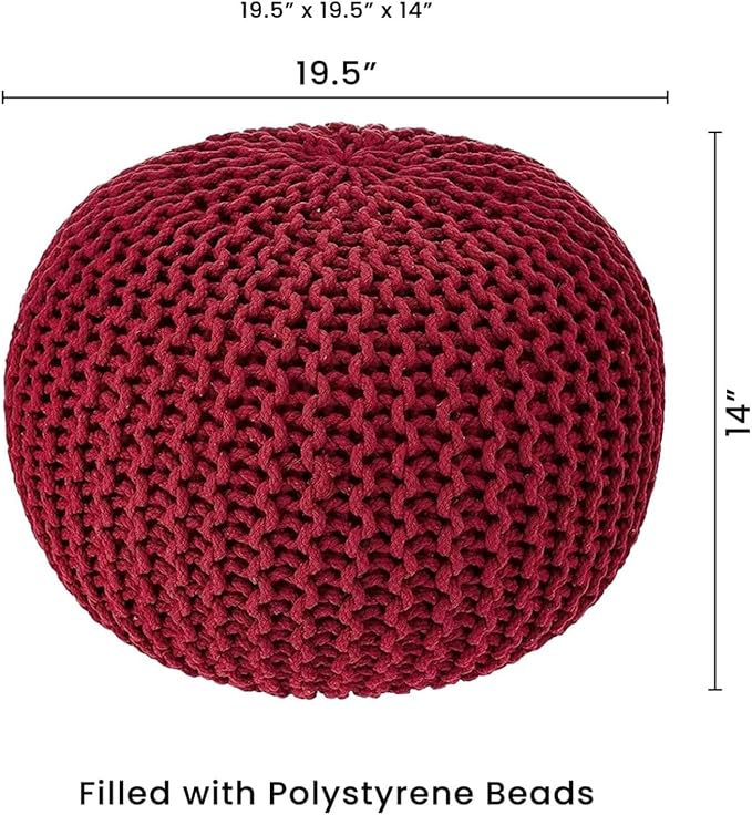 REDEARTH · Round Pouf Ottoman - Hand Knitted Cable Boho Poof - Foot Stool Bean Bag - Home Décor Stuffed Footrest for Living Room - Nursery - Bedroom - 100% Cotton Poufs (19.5"x19.5"x14") - Red - Bloomnest