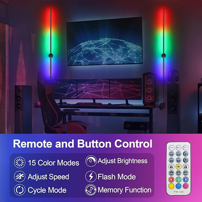 RGB LED Wall Sconces Set of Two with Remote, 15 Color Modes, Dimming, DIY 180° Rotate, Black Plug in Wall Sconces with Warm Light, Dynamic Multicolor Ambience Lights, Plug in Wall Light, 39.4 Inches - Bloomnest