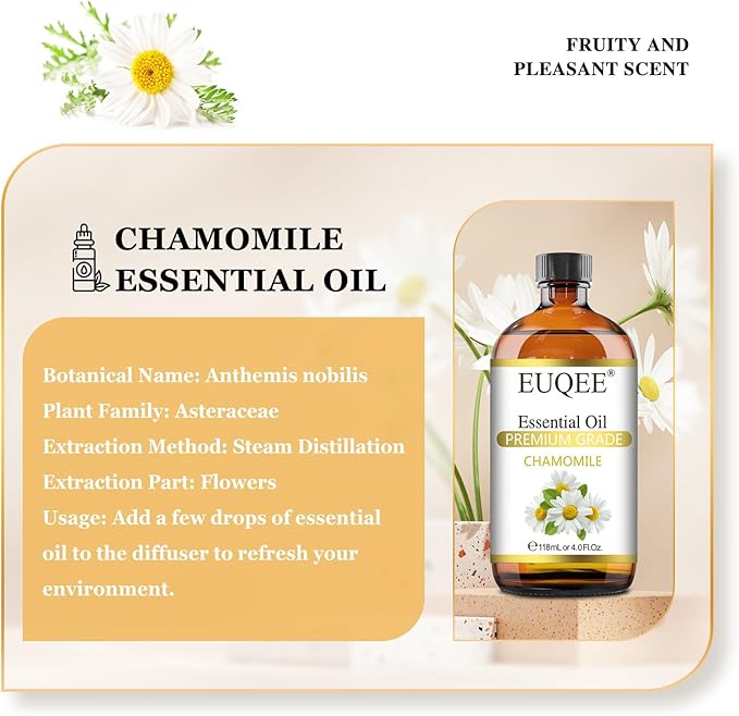 EUQEE Chamomile Essential Oil 118ml Pure Chamomile Oil Aromatherapy Essential Oil with Glass Dropper for Diffuser, Candle Making - 4 OZ