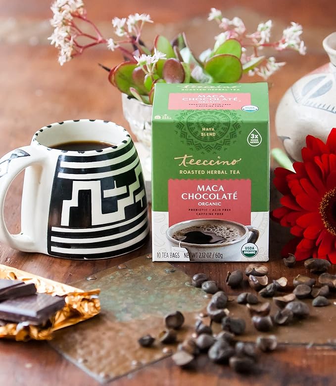 Teeccino Maca Chocolaté Herbal Tea - Rich & Roasted Herbal Tea That’s Caffeine Free & Prebiotic with Natural Energy from Adaptogenic Peruvian Maca, 10 Tea Bags - Bloomnest