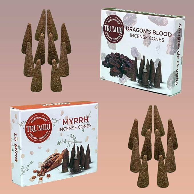 TRUMIRI Incense Cones - Combo Pack of 20 Cone Incense - 10 Myrrh + 10 Dragons Blood - Insence Cones - Incense Cones Scented - Cone Incense Scents - Insense Cones - Incent Cone TRUMIRI
