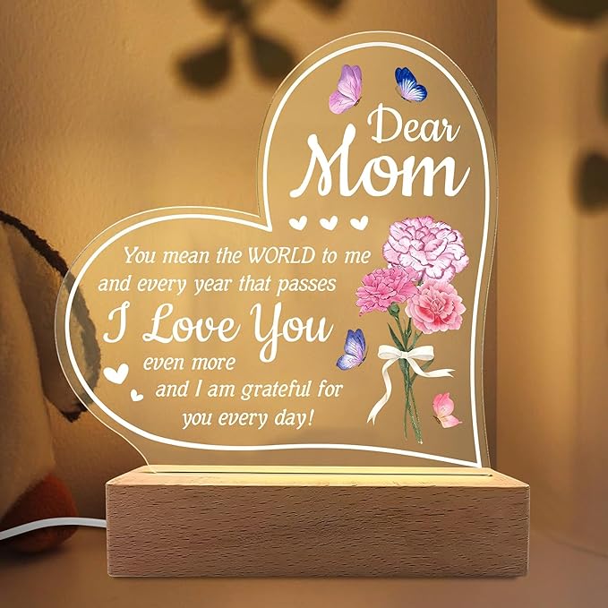 Carnation Heart Shape 3D Crystal Acrylic Light Base with Wood Stand, LED Light for Kids Room Decor, Gift for Mom on Birthday or Holiday, Home Décor Art Display - Bloomnest
