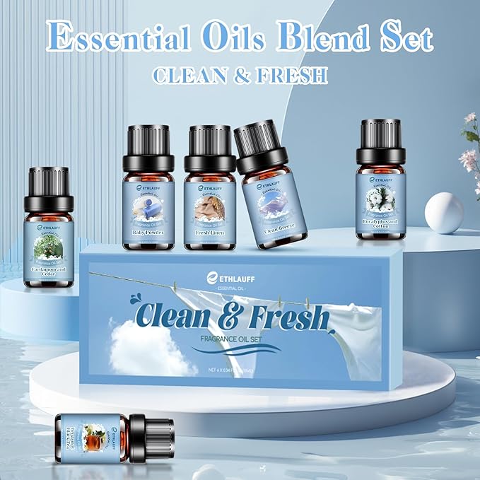 Clean Essential Oils Set, Laundry Collection Essential Oils Set, Pack of 6 Fragrance Oil for Diffuser for Home, Use with Wool Dryer Balls Scents - Fresh Linen, Clean Breeze, Eucalyptus and Cotton - Bloomnest