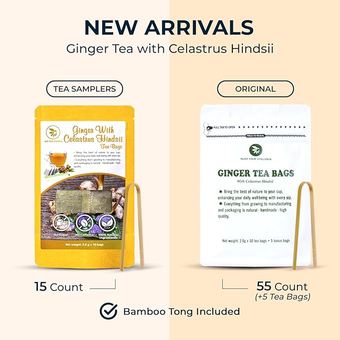 Pure Ginger Tea Samplers with Celastrus Hindsii - 10 Count, Mini Tea Bags, Bamboo Tong Included, Re-Steep Herbal Tea Blend, Corn Based Bags, No Sugar Added, Natural Ginger Tea - Bloomnest