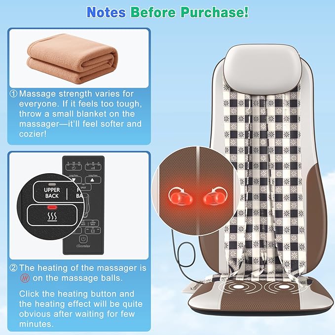 Shiatsu Back Massager with Heat, Massage Chair Pad Seat Cushion for Stress Relief, Deep Tissue Kneading & Roller, 2 Vibration Motors, Back Waist Hip Massager, PU Leather, with 2 Adapters - Bloomnest