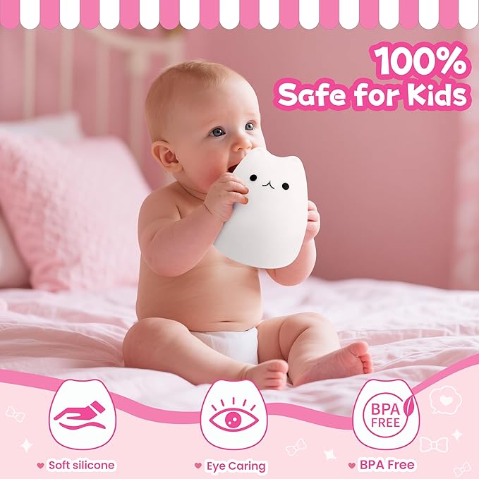 Night Light for Kids, Rechargeable Dimmable Silicone LED Nightlight with 7 Colors, Baby Nursery Night Lamp, Touch Squishy Lamp, Cute Gifts for Girls, Boys, Toddler Room Decor, Cat - Bloomnest