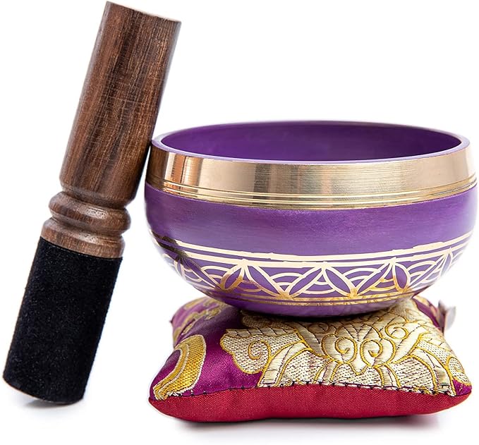 Tibetan Singing Bowl Set - Authentic Handcrafted Mindfulness Meditation Holistic Sound 7 Chakra Healing Gift by Himalayan Bazaar (Purple-Magenta) - Bloomnest