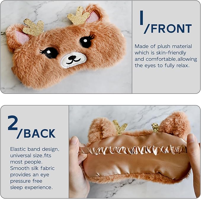 Cute Animal Sleeping Mask Sleep Mask, Xmas Reindeer Soft Plush Eye Mask for Travel Nap Funny Rudolph Blindfold Eye Cover Eyeshade for Adult Kids Girls Teens Men Women - Reindeer, Gold & Brown - Bloomnest