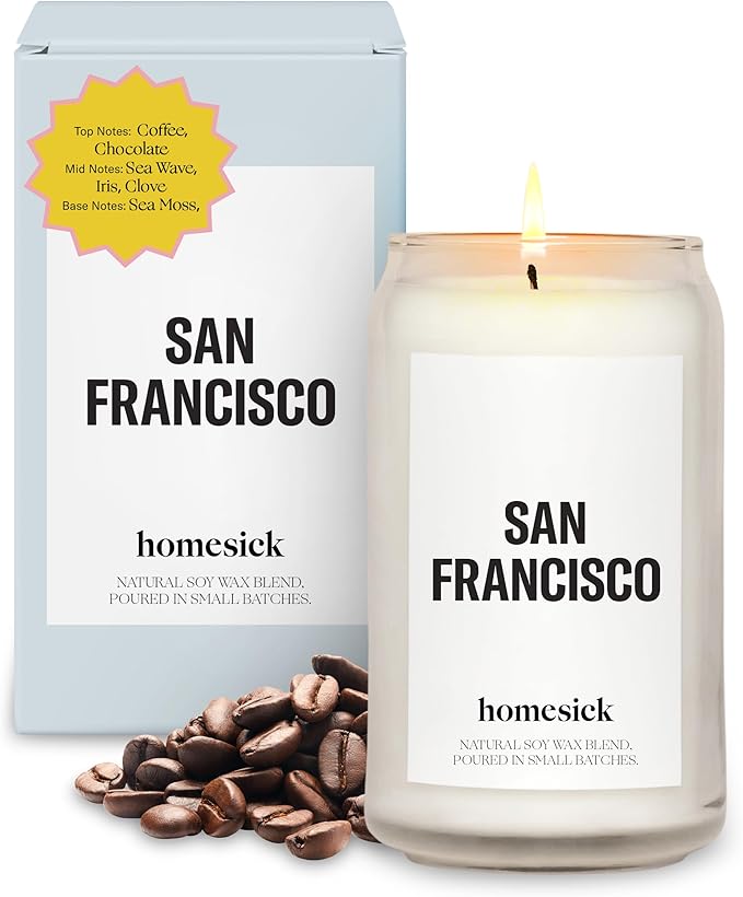 Homesick Scented Candles for Home (San Francisco) - 13.75 oz Long-Lasting Soy Wax Jar Candle for Women & Men for All Occasions, 60-80 Hours Burn Time - Notes of Coffee & Chocolate - Bloomnest