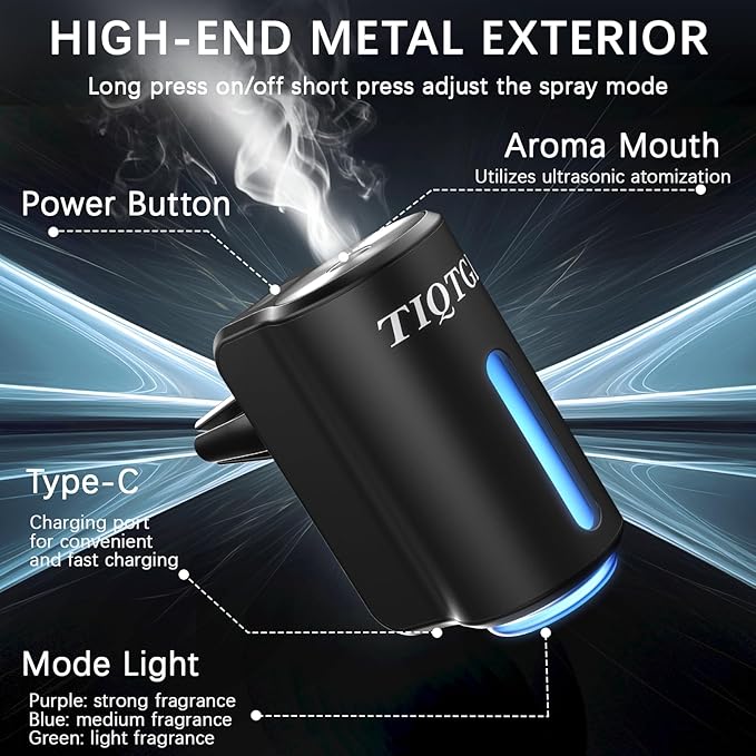 Smart Car Air Freshener, Car Air Freshener Diffuser with 3 Adjustable Light Modes, Rechargeable Aromatizante para Carro with 8pcs Essential Oil, Long-Lasting, Black - Bloomnest