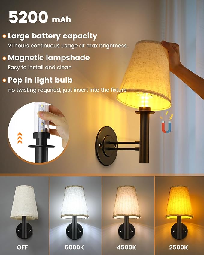 Rechargeable Wall Sconces Gold with Remote Control, 5200mAh Battery Operated Wall Lights, Wireless 16 Colors Timer & Dimmable Battery Wall Lamp for Bedroom, Living Room, Hallway - Bloomnest