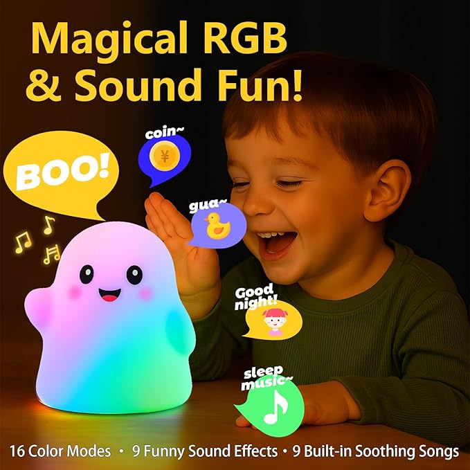 RGB Ghost Night Light – Color-Changing Tap Control Fun Toy for Kids, Soft Squishy Silicone Lamp with Sounds, Dimmable Rechargeable Bedside & Table Lamp, Funny Gift for Boys & Girls - Bloomnest