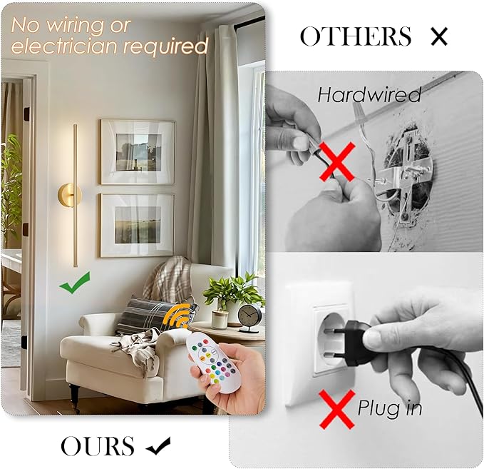 Battery Operated Wall Sconces Set of Two, with Remote Control, Dimmable, Warm White/Natural White/Daylight/RGB, 350°Rotate, LED Gold Wireless Wall Light for Living Room, Bedroom, 28.3 Inch - Bloomnest