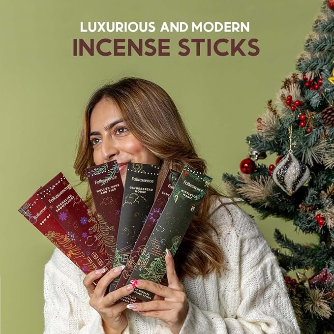 Folkulture Incense Sticks with Holder for Gift | Set of 6 (120) Organic Non Toxic Incense Sticks Christmas - Vanilla, Plum, Pine, Eucalyptus Insense for Gifts for Women - Bloomnest