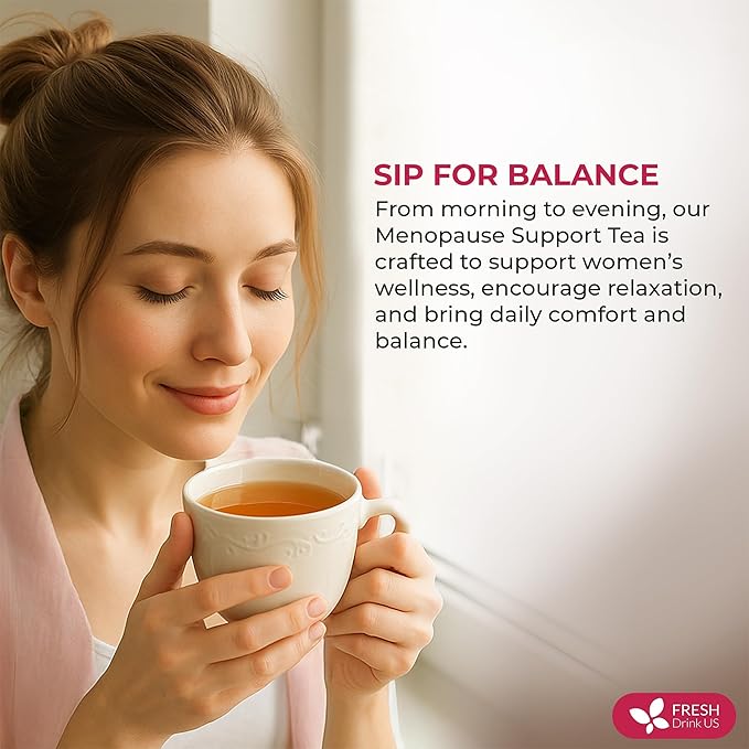 FreshDrinkUS, 40 Tea Bags - Menopause Support Herbal Tea – Soothing Blend with Rhubarb, Hibiscus, Valerian, Passiflora, Ashwagandha, Fennel & Chamomile, Caffeine-Free, Vegan, Non-GMO - Bloomnest