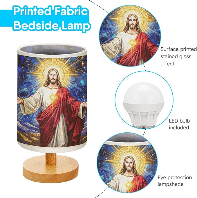 Jesus Christ Table Lamp LED 3-Color Pressed Bedside for Merry Christmas, Jesus Christ Shade Christmas Table Lamp with Wood Base for Bedroom Living Room Desk Office - Bloomnest