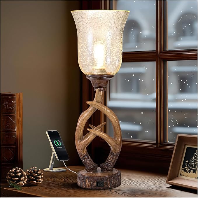 Scenekoy Antler Table Uplight Lamp for Living Room Bedroom, 20.5” Resin Memory Function Bedside Lamps with Glass Shade, Rustic Nightstand Lamp with USB Ports for Home Room Decor (Bulb Included) - Bloomnest