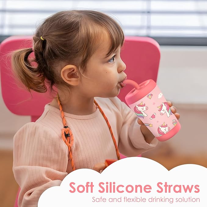 Kid Insulated Stainless Steel Tumbler with Silicone Straw, 12oz Sippy Cup for Kids (Dreamy Unicorn) - Bloomnest