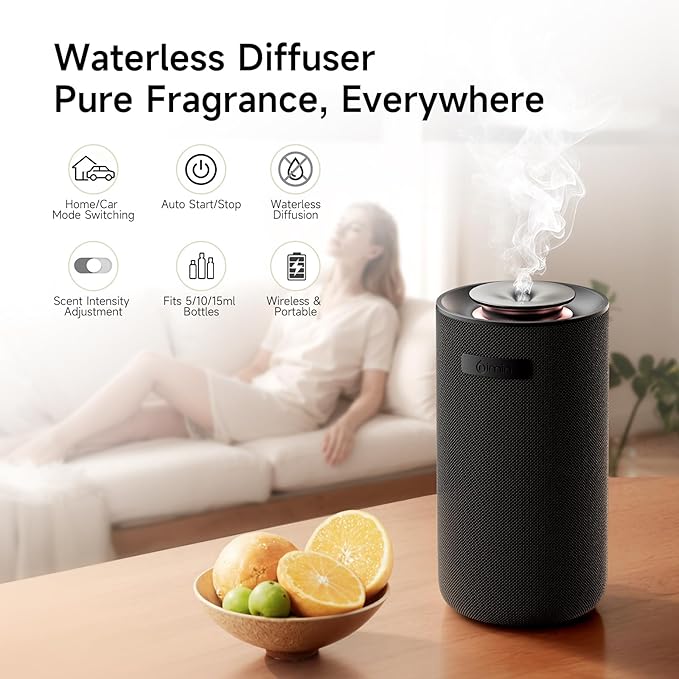 Waterless Car Diffuser & Home Aromatherapy Diffuser with Ignition-Activated Start/Stop | Cordless Portable Car Air Freshener for Essential Oils 5/10/15ml | Adjustable Scent, 2-in-1 Home/Car Mode - Bloomnest