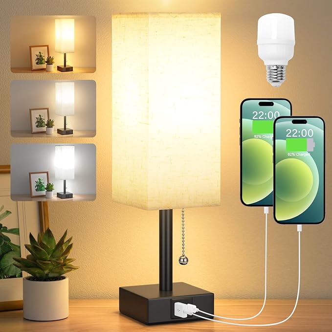 Bedside Table Lamp with 3 Color Temperatures - 3000/4000/5000K Small Lamp with USB C+A Ports, Nightstand Lamp with 3 Color Modes by Pull Chain, Bedroom Lamp for Living Read Work(LED Bulb Included) - Bloomnest