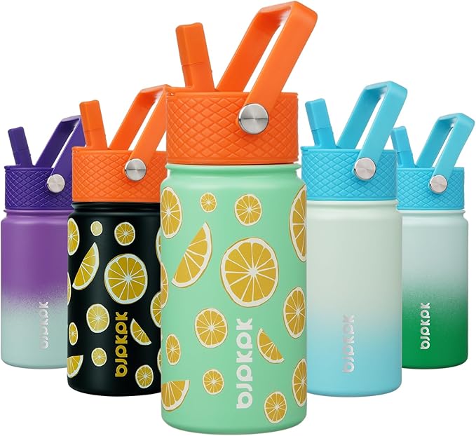 BJPKPK Insulated Water Bottle with Straw Lid, 15 oz Stainless Steel Metal Water Bottles, Reusable Leak Proof BPA Free Thermo, Flask, Cups - Elegant Lemon - Bloomnest