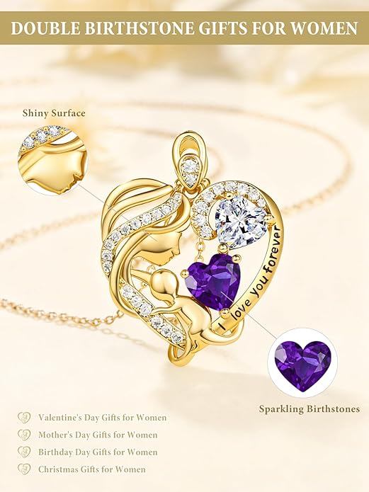 14K Gold Double Birthstone Heart Necklace for Women Mom, Mother Son/Daughter Pendant Necklace for Christmas Mother's Day Birthday Gifts for Wife Daughter Grandmom - Bloomnest