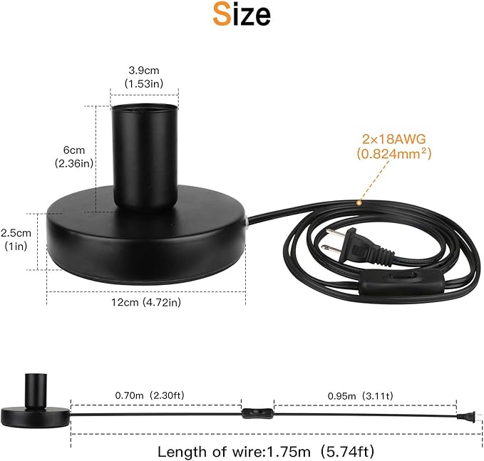 Helunsi Industrial Table Lamp Base, E26 E27 Lamp Base Without Shade, Mini Short Desk Lamp Exposed Bulb Base, Simple Metal Edison Light Bulb Stand, with 5.8ft Cord Switch Plug Bulb Base Holder (Black) - Bloomnest