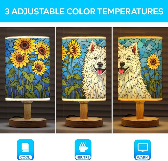 Samoyed Table Lamp LED 3-Color Pressed Bedside, Dog Shade Lamp with Wood Base for Bedroom Living Room Desk Office - Bloomnest