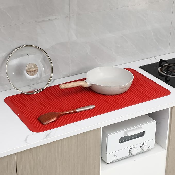 Silicone Dish Drying Mat for Multiple Usage,Easy clean,Eco-friendly,Heat-resistant Silicone Mat for Kitchen Counter or Sink,Refrigerator or Drawer Liner Red 5XL 36inches x 18inches - Bloomnest