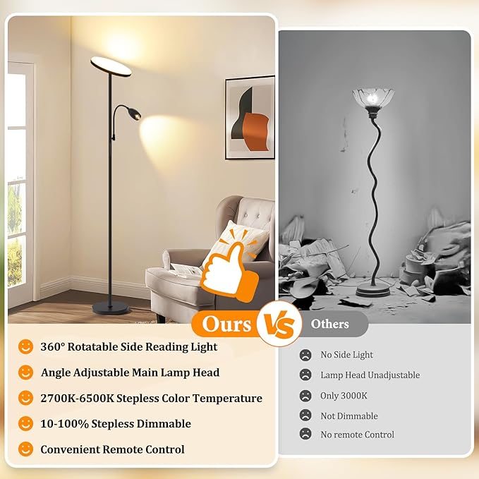 LED Torchiere Floor Lamp with Gooseneck Reading Light, 69" Dimmable Reading Floor Lamp with Adjustable Color Beam, Remote Control Standing Lamp, Zoomable Spotlight for Living Room,Bedroom,Office,Black - Bloomnest